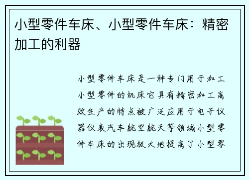 小型零件车床、小型零件车床：精密加工的利器