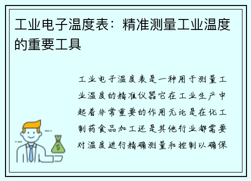 工业电子温度表：精准测量工业温度的重要工具